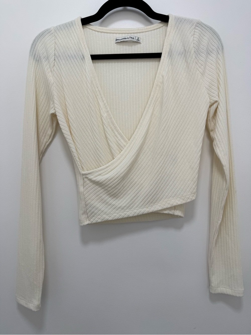 Abercrombie & Fitch Ivory Ribbed Wrap-Front Long Sleeve Crop Top
